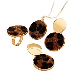 フラットラウンド合金ヒョウ柄フロッキングペンダントネックレス＆スタッドダングルイヤリング＆リングセット（女性用）  ゴールドカラー  400mm&nbsp;FS-WG76AFD-01