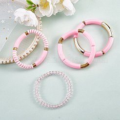 4 個 4 スタイル アクリル分厚いカーブチューブ ストレッチ ブレスレット セット  ポリマークレイとガラスビーズの積み重ね可能な女性用ブレスレット  ピンク  内径：2-1/8インチ（5.3cm）  1個/スタイル&nbsp;BJEW-SW00074-04