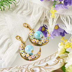 アクリル＆樹脂模造真珠＆合金ペンダント装飾2個  花の月  合金製カニカン付き  空色  59mm&nbsp;HJEW-TAC0114