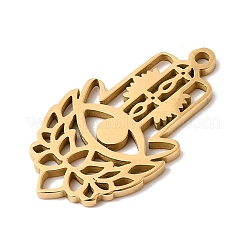 中空 304 ステンレス ペンダント  蓮のチャームが付いたハムサの手  鉛フリー＆カドミウムフリー＆ニッケルフリー  ゴールドカラー  25x14x1mm  穴：1.4mm&nbsp;STAS-H247-03G