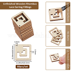 60個の木製ペンダント  バリーウッド  菱形  32.5x32.5x2.7mm  穴：1.6mm&nbsp;WOOD-FH0002-30A