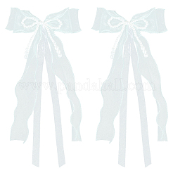 洋服用の蝶結びレースブローチ  プラスチックパール付き  ライトシアン  470x185x19mm&nbsp;JEWB-WH20014-06B