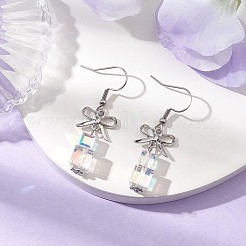 女性用真鍮とガラスのダングルイヤリング  ちょう結び＆立方体  クリアAB  プラチナ  45x14mm&nbsp;EJEW-TA00550