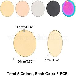 PVD真空メッキ304ステンレスペンダント  空白のスタンピングタグ  フラットラウンド  ミックスカラー  20x1mm  穴：1.4mm  5色  6個/カラー  30個/箱&nbsp;STAS-UN0006-95