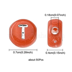 不透明な混合色のアクリルビーズ  ライン入り  ランダムな文字でフラットラウンド  銀メッキ  7x4mm  穴：1.8mm&nbsp;MACR-YW0002-48B