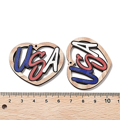 スプレー塗装された木製の大きなペンダント  ハートと単語USA  37x45.5x2.5mm  穴：1.6mm&nbsp;WOOD-D028-01A
