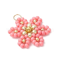 ガラスシードビーズの花のペンダント  304ステンレススチール製丸カン付き  ピンク  22.5x17.5x4mm  穴：2.5mm&nbsp;PALLOY-MZ00712-01