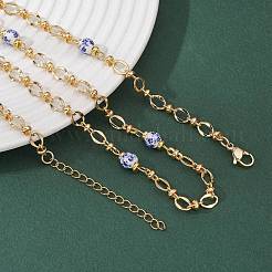 女性用プリント磁器ラウンドブルー＆ホワイトビーズ＆真鍮オーバルリンクチェーンネックレス  ゴールドカラー  17.32インチ（44cm）&nbsp;NJEW-JN05588
