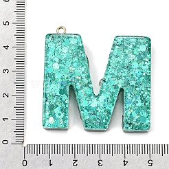 透明エポキシ樹脂ペンダント  文字mのチャーム  パイエットとループ付き  淡いターコイズ  42.5x43x7.5mm  穴：2mm&nbsp;CRES-XCP0001-33