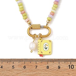 304ステンレススチール製ペンダント、染色ガラスロンデルビーズネックレス（女性用）  ゴールドカラー  きいろ  本  16.34インチ（41.5cm）  ペンダント：17x12mm&nbsp;NJEW-JN06540-02