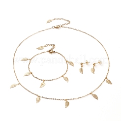 304ステンレススチールジュエリーセット  アズキチェーンペンダントネックレス＆スタッドピアス＆ブレスレット  カニカン付き  葉  ミックスカラー  17.83インチ（45.3cm）  7.32インチ（18.6cm）  21mm  ピン：0.7mm&nbsp;SJEW-Z001-12