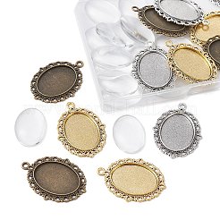 DIYの空白の楕円形のドームペンダント作成キット  チベットスタイルの合金ペンダントカボションカットを含む  ガラスカボション  ミックスカラー  30個/箱&nbsp;DIY-FS0005-20