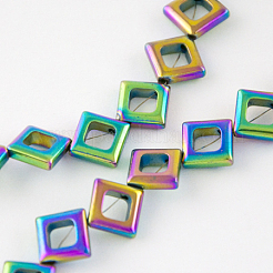 非磁性合成ヘマタイトビーズ連売り  グレードA  菱形  マルチカラーメッキ  13x13x2mm  穴：1mm  約24個/連  15.5インチ&nbsp;G-Q886-13x13mm-6