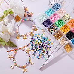 DIYジュエリー作成キット  ポリマークレイビーズを含む  天然な混合カウリーシェルビーズ  合金ペンダントと真鍮の丸カン  ミックスカラー  4x4x1mm  穴：2mm  135 G /ボックス&nbsp;DIY-SZ0002-57