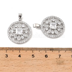 真鍮と透明キュービックジルコニアのペンダント  フラットラウンド、花柄チャーム付き  プラチナメッキ  21x18.5x3.5mm  穴：5x2.5mm&nbsp;KK-G558-12P