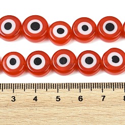 手作りのナザールボンジュウのランプワークビーズ  フラットラウンド  レッドオレンジ  11.5~12.5x5.5~5.8mm  穴：1.4mm  約32個/連  14.17インチ（36cm）&nbsp;LAMP-C028-02B