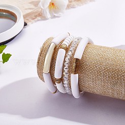 4 個 4 スタイル アクリル分厚いカーブチューブ ストレッチ ブレスレット セット  ポリマークレイとガラスビーズの積み重ね可能な女性用ブレスレット  ホワイト  内径：2-1/8インチ（5.3cm）  1個/スタイル&nbsp;BJEW-SW00074-06