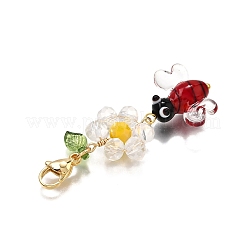 手作りのランプワークの蜂のペンダント装飾  ガラスとアクリルの花とロブスターの爪の留め金付き  ゴールドカラー  50~53mm&nbsp;HJEW-TA00348