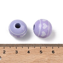 バレンタインデーのスプレー塗装とプリントが施されたヨーロッパ風木製ビーズ  ハート柄の丸  大穴ビーズ  ライラック  15~16mm  穴：4mm&nbsp;WOOD-L023-03A