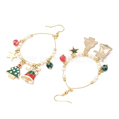 真鍮ガラスのクリスマスツリーのダングルイヤリング  ガラスパールビーズと合金エナメルチャーム付き  クリスマステーマ  ゴールドカラー  81.5x42mm&nbsp;EJEW-TA00666