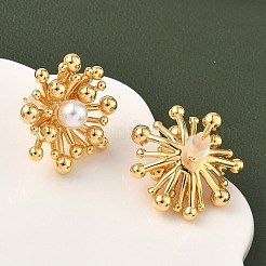 真鍮の花のスタッドピアス  アブソリュートプラスチック模造パール  ニッケルフリー  18KGP本金メッキ  23x22.5mm&nbsp;EJEW-D337-06G