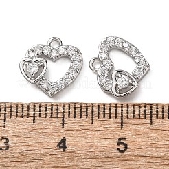 キュービックジルコニアペンダント付き真鍮  ハートチャーム  透明  プラチナ  10.5x11x3mm  穴：1.2mm&nbsp;KK-L270-06P