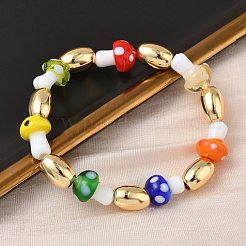 女性用真鍮＆ランプワークビーズストレッチブレスレット  きのこ＆ライス  ラックめっき  鉛フリー＆カドミウムフリー  長持ちメッキ  18KGP本金メッキ  内径：2-1/8インチ（5.25cm）&nbsp;BJEW-F515-05G