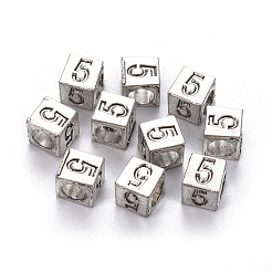 合金ヨーロピアンビーズ  大穴ビーズ  番号の立方体  アンティークシルバー  NUM。5  7x7x7mm  穴：5mm&nbsp;LS-PALLOY-WH0065-52E