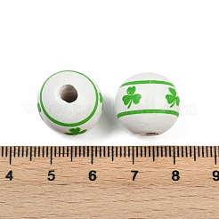 スプレー塗装ウッドヨーロッパビーズ  大穴ビーズ  クローバー模様付きラウンド  ライムグリーン  15~16mm  穴：3.5~4.5mm&nbsp;WOOD-F017-06