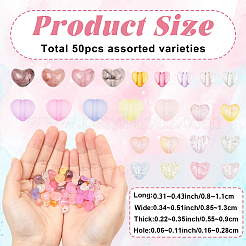 50個5スタイルの透明アクリルビーズ  ハート  ミックスカラー  8~11x8.5~13x5.5~9mm  穴：1.6~2.8mm  10個/スタイル&nbsp;TACR-YW0003-40