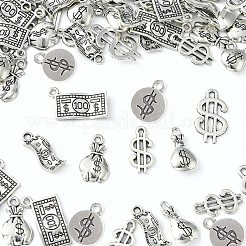 70個7スタイル亜鉛合金ペンダント  ジュエリーにはDIYアクセサリー  ドル紙幣とお金の袋とドル記号  アンティークシルバー  17.5~21x8.5~12.5x1~2mm  穴：1.5mm  10個/スタイル&nbsp;TIBEP-CJ0002-46
