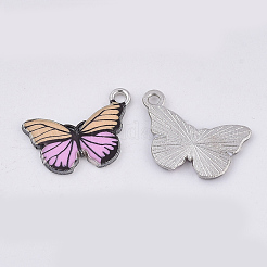 プリント合金ペンダント  エナメル  蝶  プラチナ  ピンク  13x20x2mm  穴：1.6mm&nbsp;X-PALLOY-R111-13F