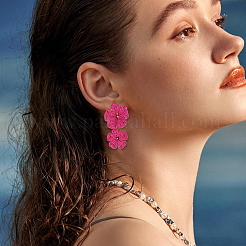 合金製ラフィアグラススタッドピアス1組  花  ゴールドカラー  濃いピンク  65x38mm&nbsp;EJEW-SP0001-19C
