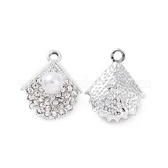 合金ラインストーンペンダント  アブソリュートプラスチック模造パールビーズ  ファンチャーム  プラチナ  19.5x16x7.5mm  穴：2mm&nbsp;ALRI-C008-73P