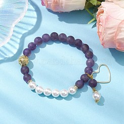 8mm ラウンドフロスト天然アメジスト＆シェルパールビーズストレッチブレスレット  女性用マットラウンド＆ハートブレスレット  ゴールドカラー  内径：2-1/4インチ（5.8cm）&nbsp;BJEW-JB10429