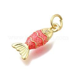 バースペンダント  エナメルラインストーンとジャンピングリング付き  鉛フリー及びカドミウムフリー  魚のチャーム  レッドオレンジ  15x6.5x3mm  穴：3mm&nbsp;KK-V002-19G-01