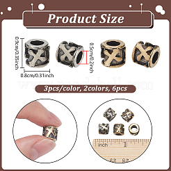 真鍮製ヨーロピアンビーズ  クロスを持つ列  大穴ビーズ  アンティークシルバー＆アンティーク金色  9x8mm  穴：5mm  3個/カラー  2色  6pc&nbsp;KK-HS0002-26B