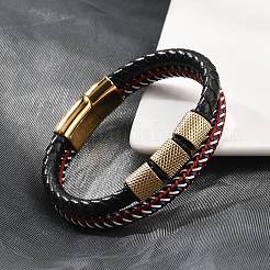 編みこみレザーマルチ連ブレスレット  イオンプレーティング（IP）316外科用ステンレス鋼と304ステンレス鋼の金具付き  ゴールドカラー  8-1/4インチ（21cm）&nbsp;BJEW-Z081-15G