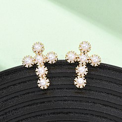 クロス真鍮マイクロパヴェクリアキュービックジルコニアスタッドピアス  ABS模造真珠クロス付き  16KGP本金メッキ  貝殻色  20.5x15.5mm&nbsp;EJEW-B153-01G