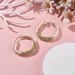 ガラスビーズ編みこみの大きなフープピアス  女性用304ステンレススチールワイヤーラップジュエリー  ゴールドカラー  緑黄  48x48.5x9mm  ピン：1.1x0.6mm&nbsp;EJEW-JE04848-03