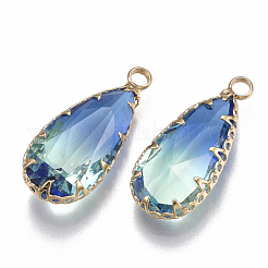 ツートングラスペンダント  真鍮パーツ  多面カット  ティアドロップ  ゴールドカラー  カラフル  24x10.5x6mm  穴：1.5mm&nbsp;X-GLAA-S179-02A
