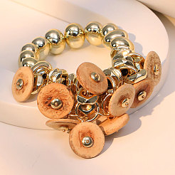 女性用フラットラウンド合金＆天然ココナッツ＆CCBプラスチックビーズブレスレット  桃パフ  内径：2-3/8インチ（6cm）&nbsp;WG3C418-01