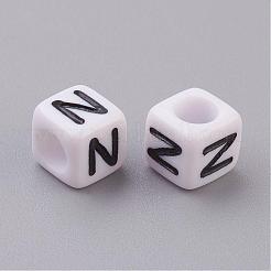白い文字nアクリルキューブビーズ  水平穴  サイズ：幅さ約6mm  長さ6mm  高差6mm  穴：約3.2mm  約300個/50g&nbsp;X-PL37C9308-N