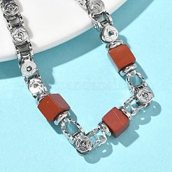 女性用天然レッドジャスパーリンクチェーンブレスレット  キューブ  201ステンレス鋼と304ステンレス鋼の金具付き  7-1/2インチ（19.2cm）&nbsp;BJEW-Z148-06P-01
