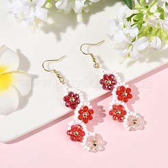 花柄のガラスビーズとシードビーズをあしらったドロップピアス  真鍮ビーズと304ステンレススチール製のぶら下がりピアス  ゴールドカラー  ミックスカラー  72~72.5x22~23mm&nbsp;EJEW-MZ00775
