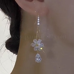 亜鉛合金クリスタルラインストーンダングルイヤリング  ティアドロップの花  ゴールドカラー  40x18mm&nbsp;FS-WGC114E-01