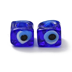 手作りのナザールボンジュウのランプワークヨーロッパのビーズ  大穴ビーズ  キューブ  ブルー  8~9x9~10x9~10mm  穴：4.3mm&nbsp;LAMP-G143-06E