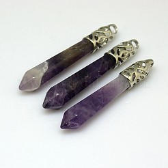 天然石ビッグサイズペンダントトップ  プラチナカラーの真鍮パーツ  弾丸  アメジスト  58~66x11mm  穴：4x6mm&nbsp;G-Q559-4P