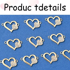 合金クリスタルラインストーンリンク/コネクター10個  ハート  ゴールドカラー  16.5x25x2.5mm  穴：1.8mm&nbsp;ALRI-FS0001-03G
