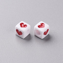 白い不透明なアクリルビーズ  ハートを持つキューブ  ファイヤーブリック  6.5x6x6mm  穴：3mm&nbsp;MACR-T038-12B
